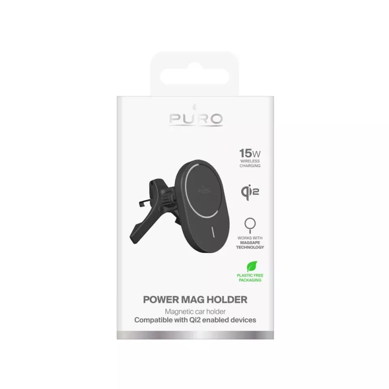 Držiak do auta PURO s nabíjačkou Qi2, kompatibilný s MagSafe, čierny