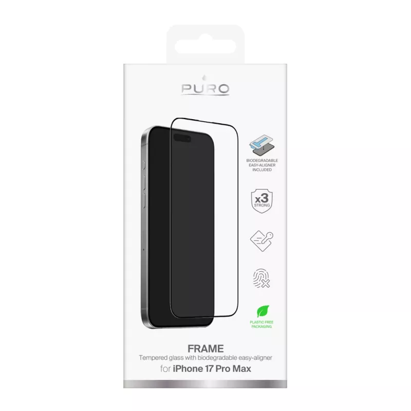 PURO Frame tvrdené sklo pre iPhone 17 Pro Max s aplikátorom a čiernym rámom