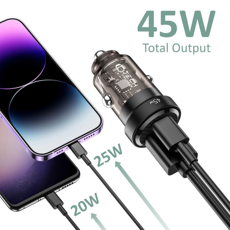 Tech-Protect CC45W 2-portová autonabíjačka, USB-C PD 45W, USB-A QC 3.0, čierna