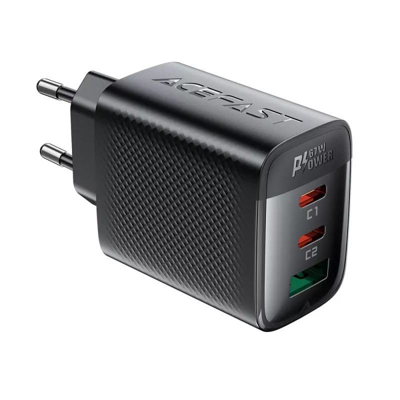 Acefast A108 GaN PD 67W nástenná nabíjačka, 2x USB-C, 1x USB-A, čierna