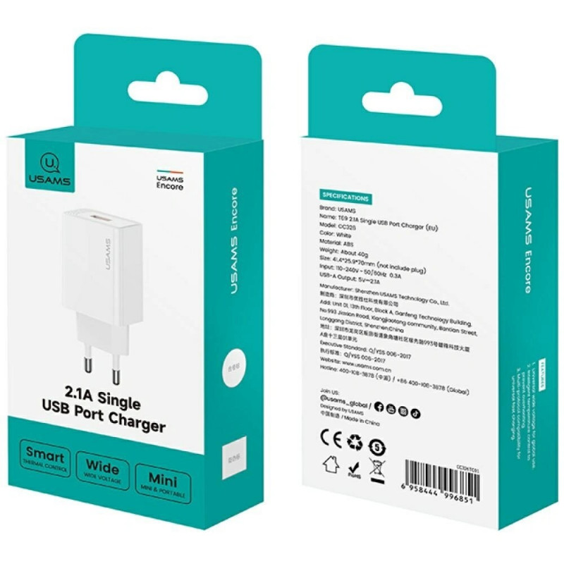 USAMS CC326 T69 nástenná nabíjačka USB-A, 10,5 W, 2,1 A, biela