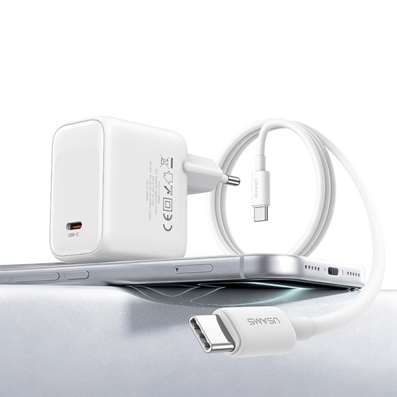 Nástenná nabíjačka USAMS CC339 T76 45W GaN USB-C s káblom SJ711 USB-C na USB-C (1 m), biela