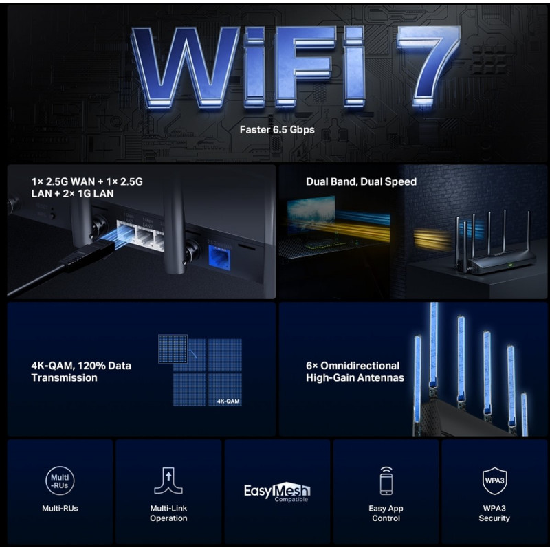 Dvojpásmový Wi-Fi 7 router Mercusys MR37BE, až do 6500 Mbps