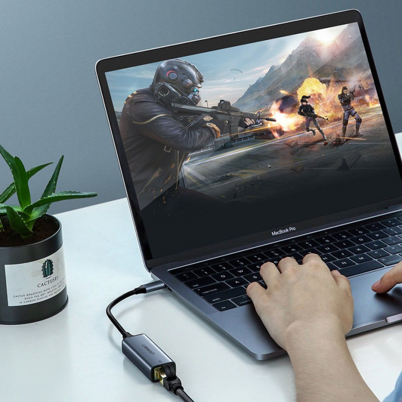 Ugreen CM199 sieťový adaptér USB-C na RJ45 Gigabit Ethernet, 1000 Mbps, sivý