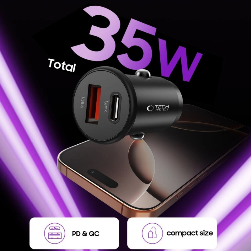Tech-Protect CC02 2-portová autonabíjačka USB-A / USB-C, PD 35W / QC 3.0, čierna (THP4079)