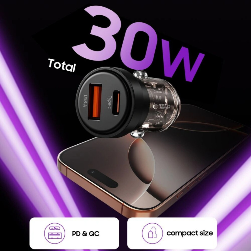 Tech-Protect CC03 2-portová autonabíjačka USB-A / USB-C, PD 30W / QC 3.0, čierna
