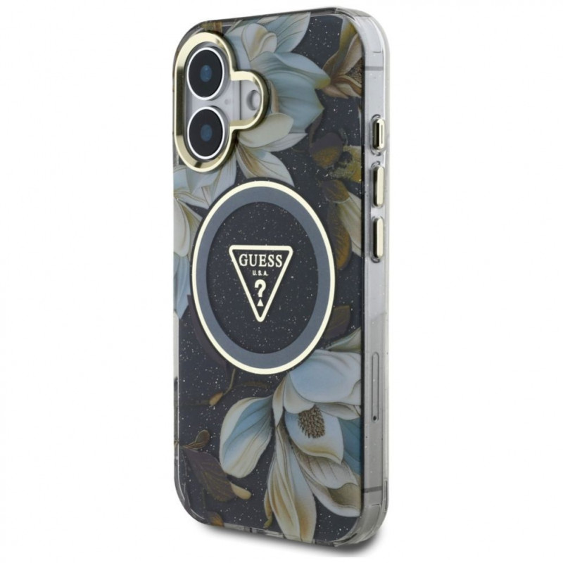 Guess Glitter Flowers Triangle Buttons MagSafe puzdro pre Apple iPhone 16, čierne