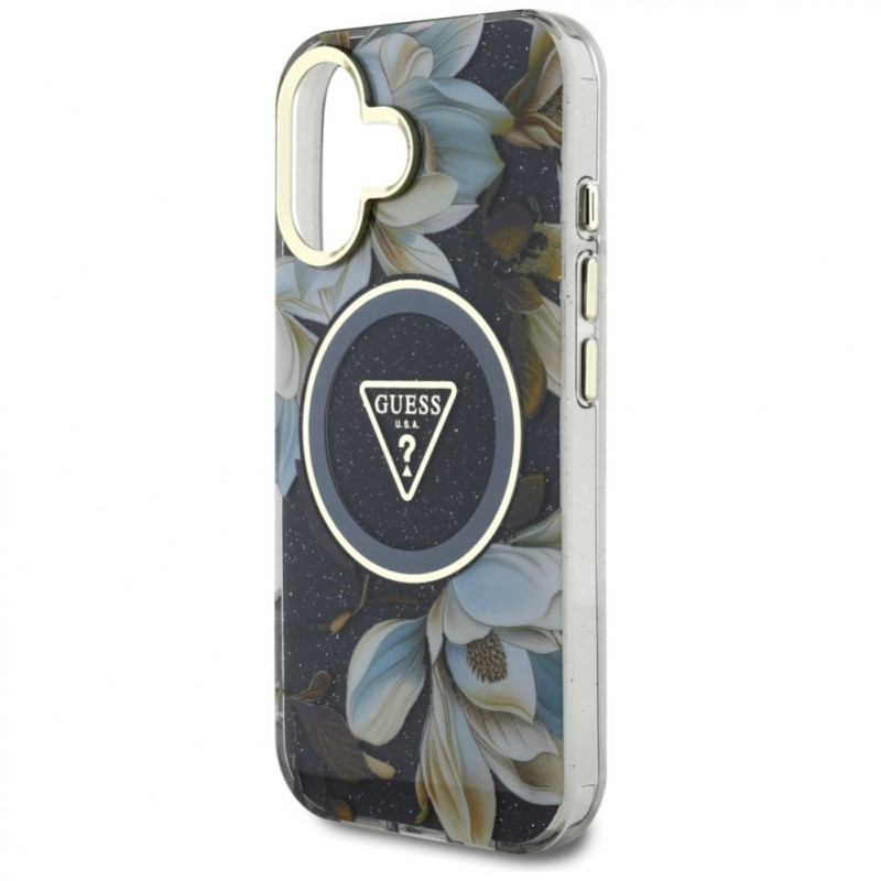 Guess Glitter Flowers Triangle Buttons MagSafe puzdro pre Apple iPhone 16, čierne