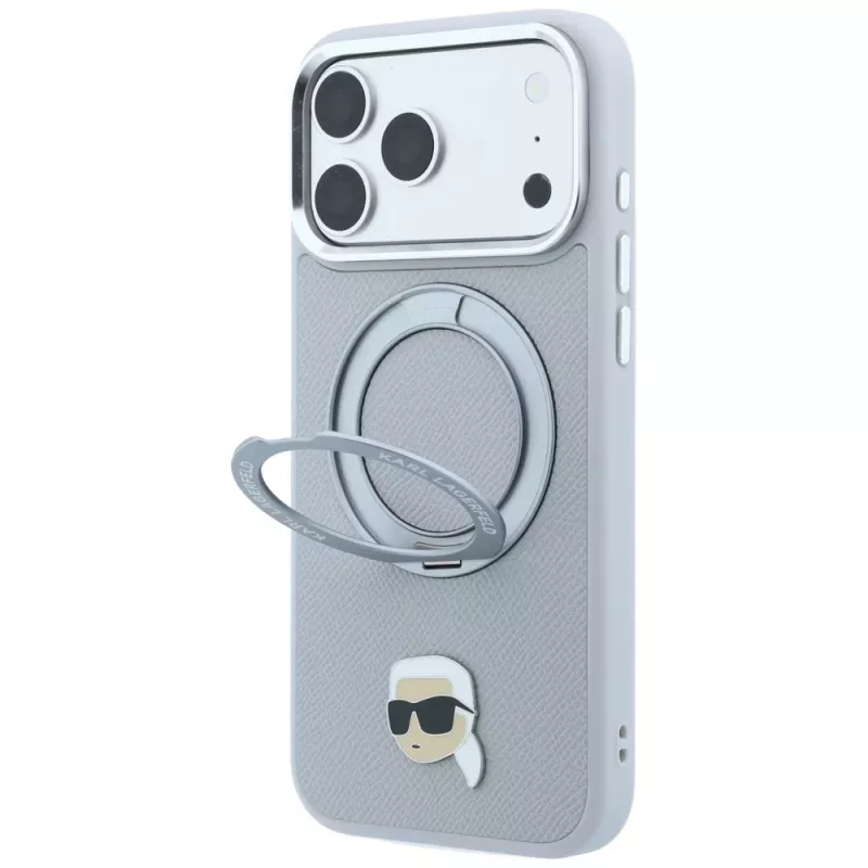 Karl Lagerfeld s Ring Stand 360 Karl Head Pin MagSafe puzdro pre Apple iPhone 18 Pro / 17 Pro, sivé (KF003235)