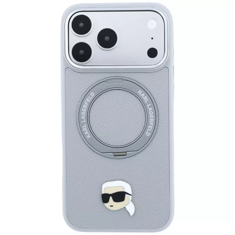 Karl Lagerfeld s Ring Stand 360 Karl Head Pin MagSafe puzdro pre Apple iPhone 18 Pro / 17 Pro, sivé (KF003235)