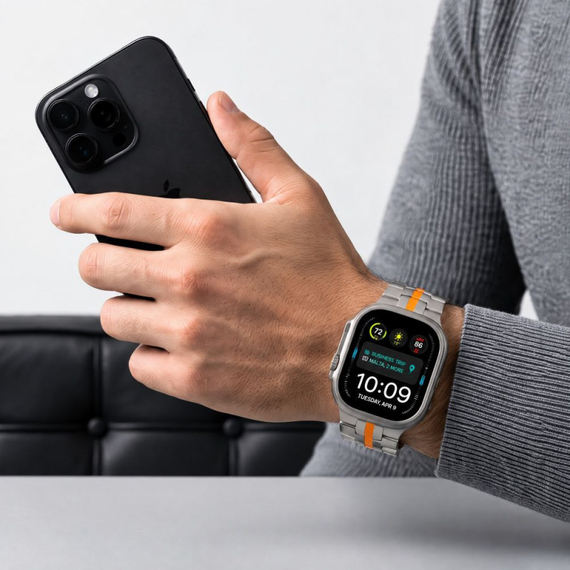 Tech-Protect Stainless THP6100 náramok z nehrdzavejúcej ocele pre Apple Watch 8 / 9 / 10 / 11 / 12 / SE / Ultra 44/45/46/49 mm, Titanium/Orange