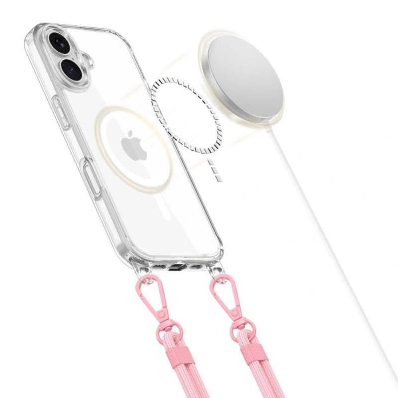 Tech-Protect FlexAir Chain MagSafe puzdro pre Apple iPhone 16, priehľadné, so sivým a ružovým popruhom