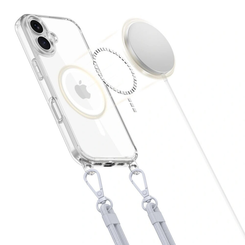 Tech-Protect FlexAir Chain MagSafe puzdro pre Apple iPhone 16, priehľadné, so sivým a ružovým popruhom