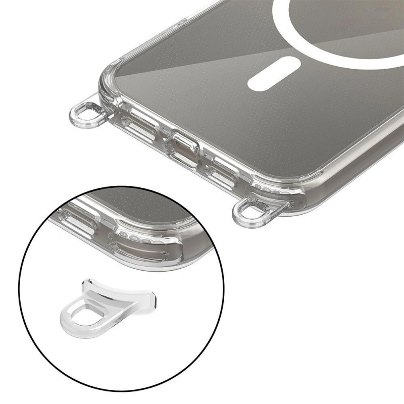 Tech-Protect FlexAir Chain MagSafe puzdro pre Apple iPhone 16, priehľadné, so sivým a ružovým popruhom