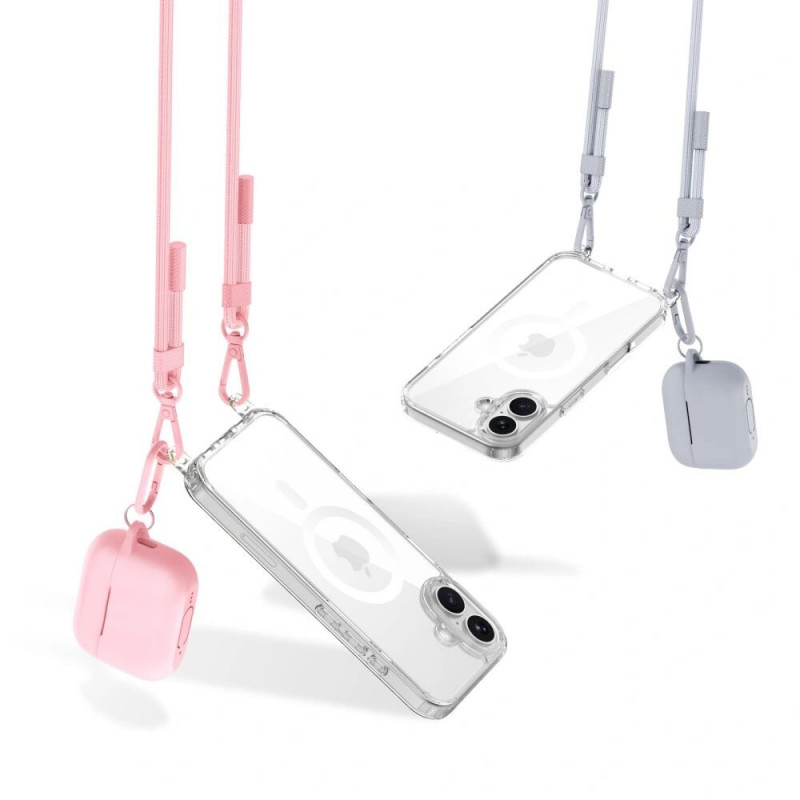 Tech-Protect FlexAir Chain MagSafe puzdro pre Apple iPhone 16, priehľadné, so sivým a ružovým popruhom