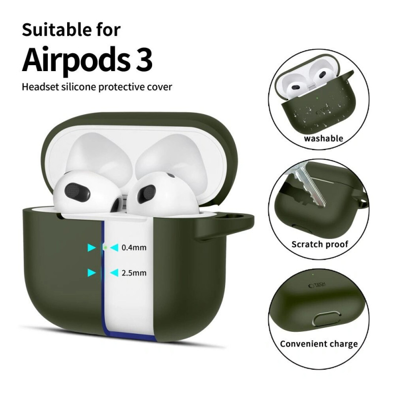 Tech-Protect Silikónové puzdro Hook pre Apple AirPods 3 s karabínou, olivovo zelené