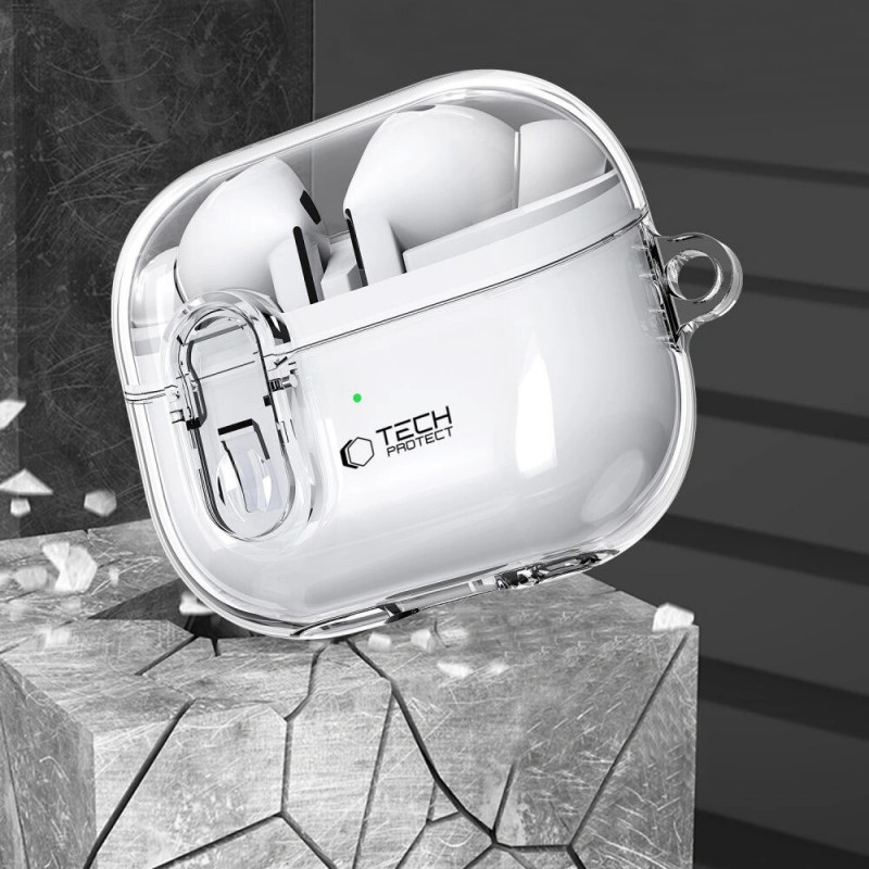 Tech-Protect FlexAir puzdro s karabínkou pre Samsung Galaxy Buds 3 / 3 Pro, priehľadné