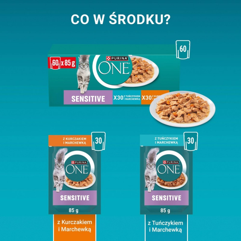 Purina ONE Sensitive krmivo pre mačky, kuracie mäso a mrkva, 60 x 85 g