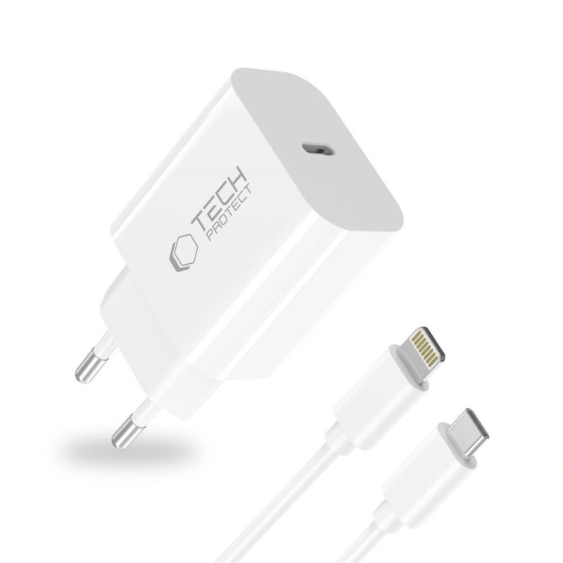 Nabíjačka na stenu Tech-Protect NC20W 1-port USB-C PD 20W s káblom Lightning, biela, 100 cm