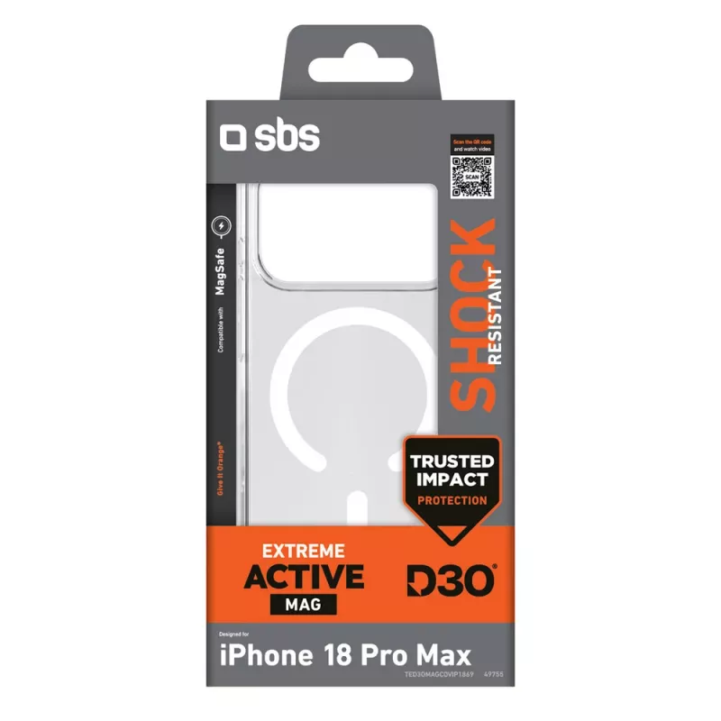 SBS D3O Active puzdro pre iPhone 18 Pro Max / 17 Pro Max, kompatibilné s MagSafe, transparentné