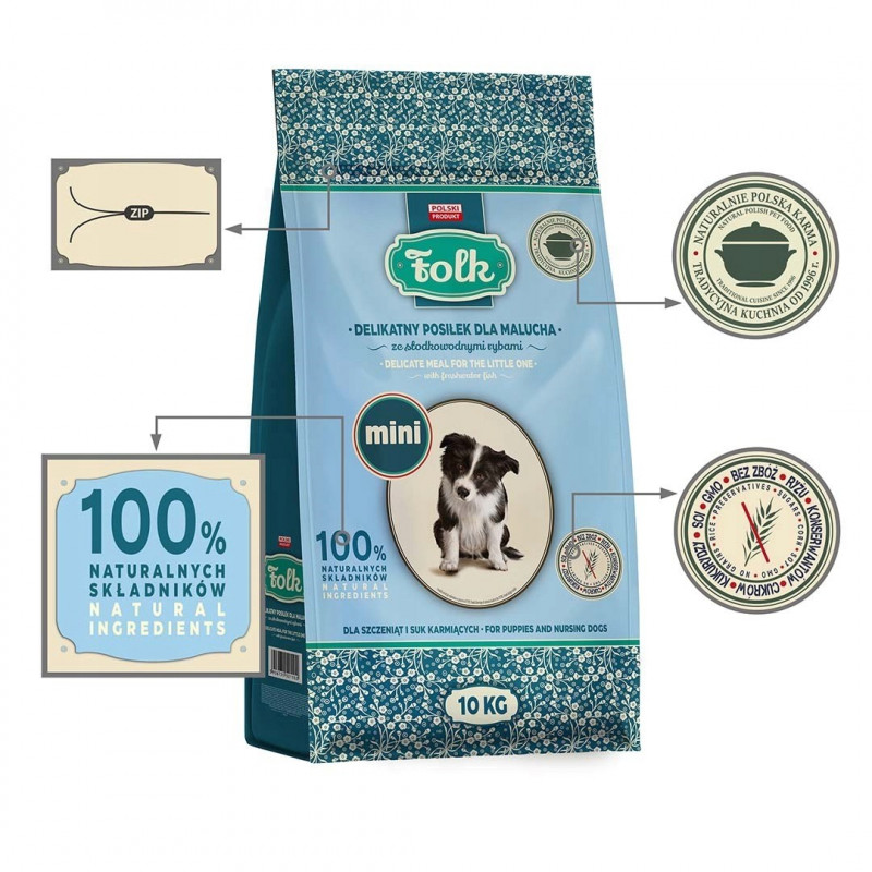 FOLK Delikátne krmivo pre šteniatka so sladkovodnými rybami Mini suché krmivo pre psov, 10 kg