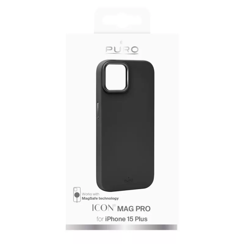 Puro Icon Mag Pro MagSafe silikónové puzdro s kovovými tlačidlami pre Apple iPhone 15 Plus, čierne