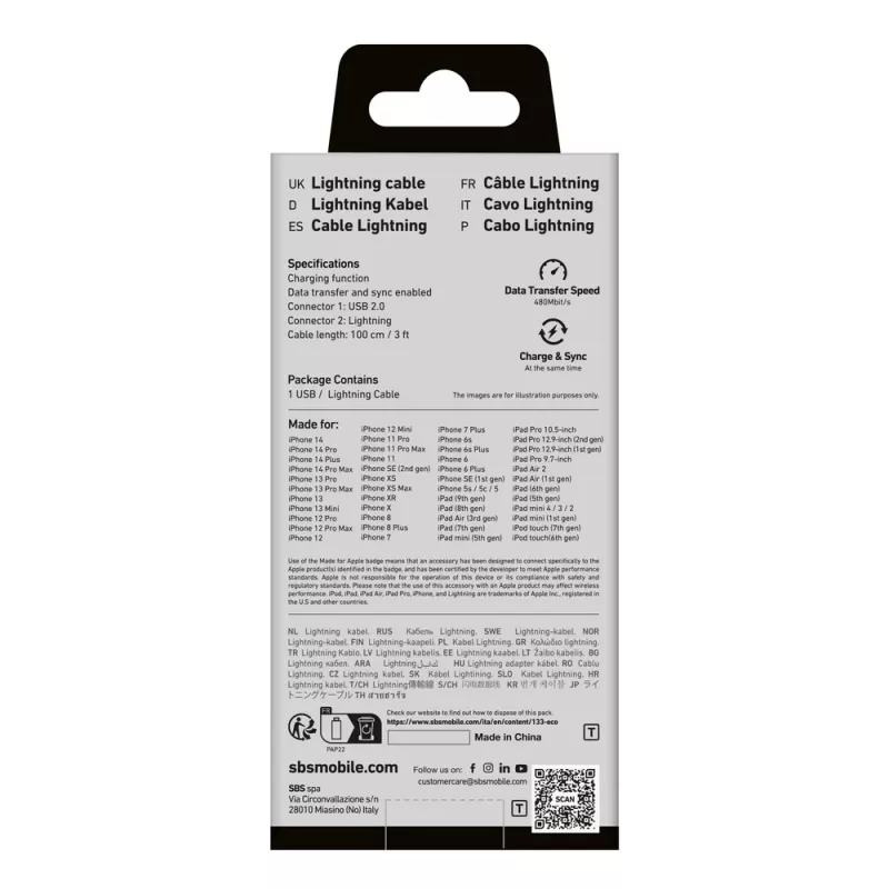 Kábel SBS TECABLEUSBIP589A USB-A na Lightning, 1 m, modrý