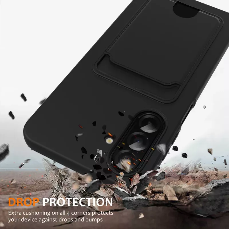 Hurtel puzdro TPU pre Samsung Galaxy A37 5G s držiakom na karty a crossbody šnúrkou, čierne