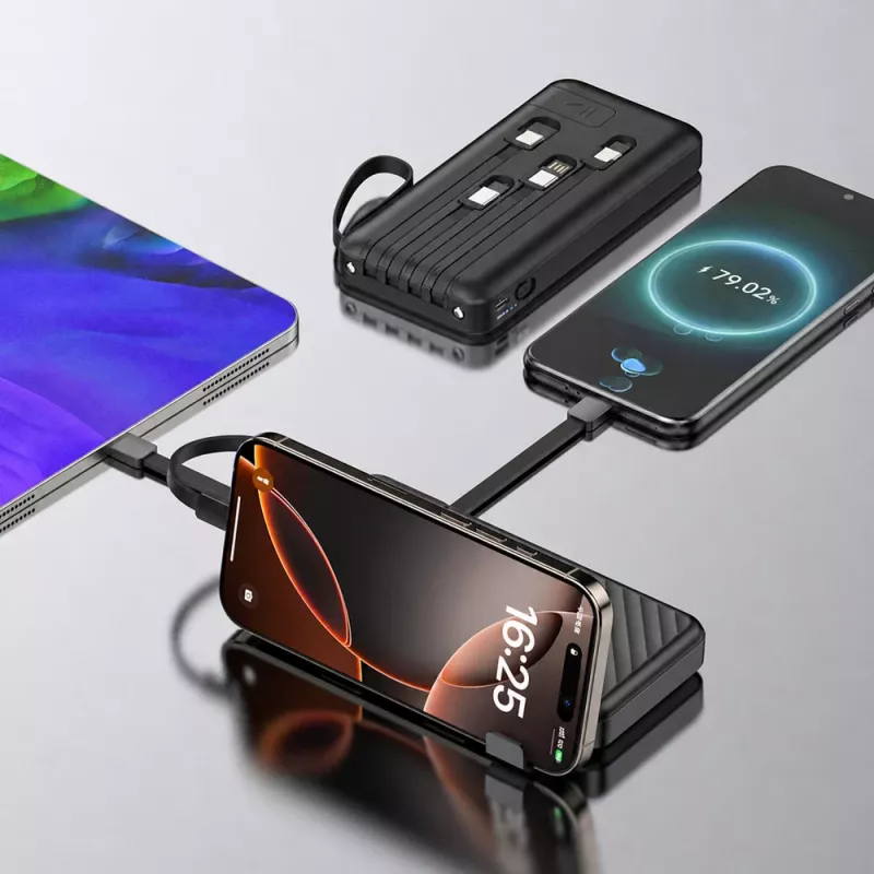 Wozinsky W11-B 10000mAh 10W power bank s vstavanými káblami a svietidlom, čierny