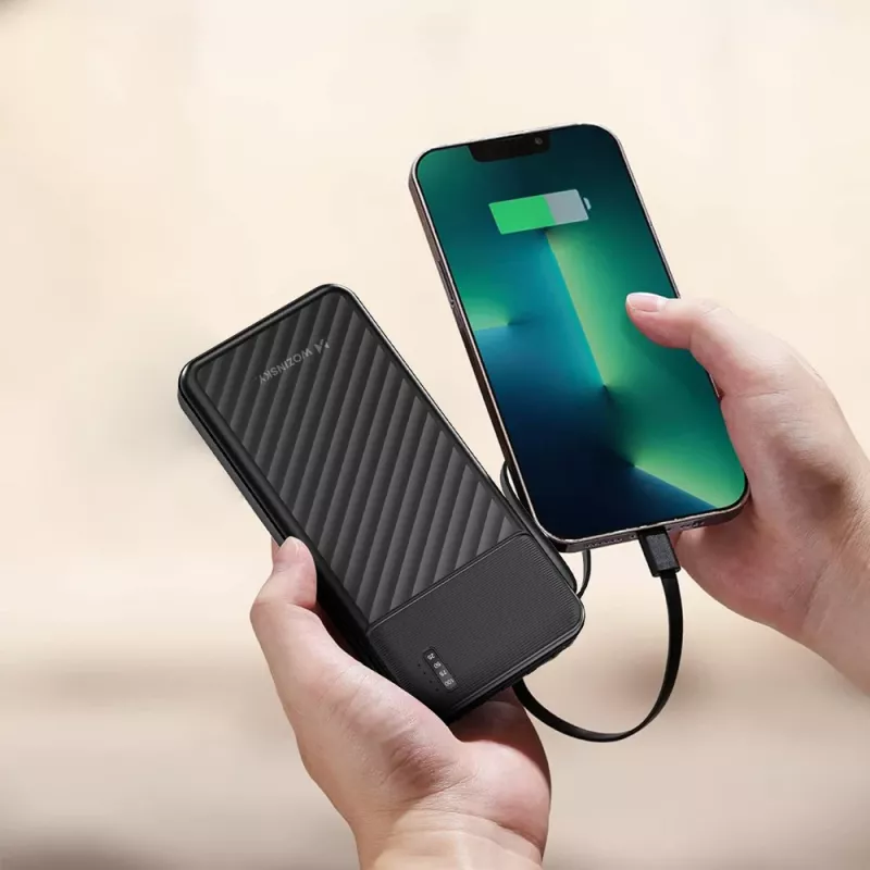 Wozinsky W11-B 10000mAh 10W power bank s vstavanými káblami a svietidlom, čierny
