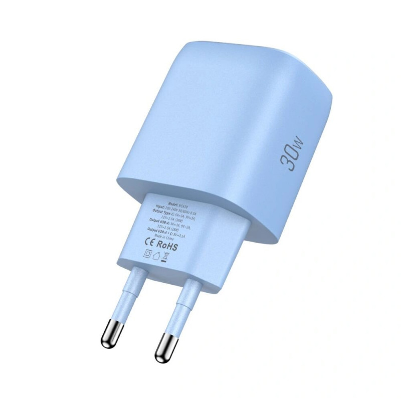 Tech-Protect NCA30 sieťová nabíjačka USB-A, USB-C PD 30W / QC3.0 baby blue