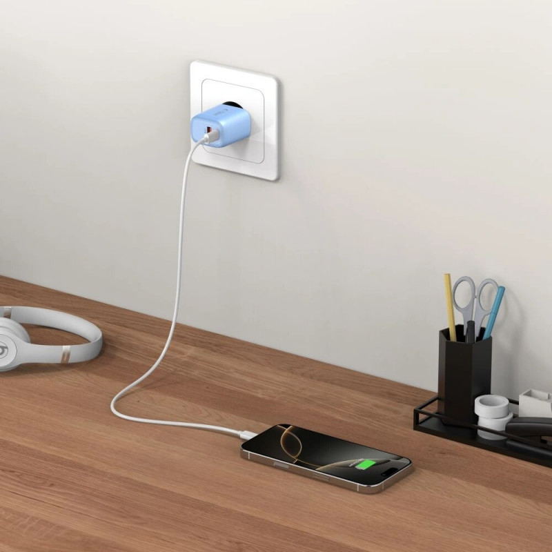 Tech-Protect NCA30 sieťová nabíjačka USB-A, USB-C PD 30W / QC3.0 baby blue