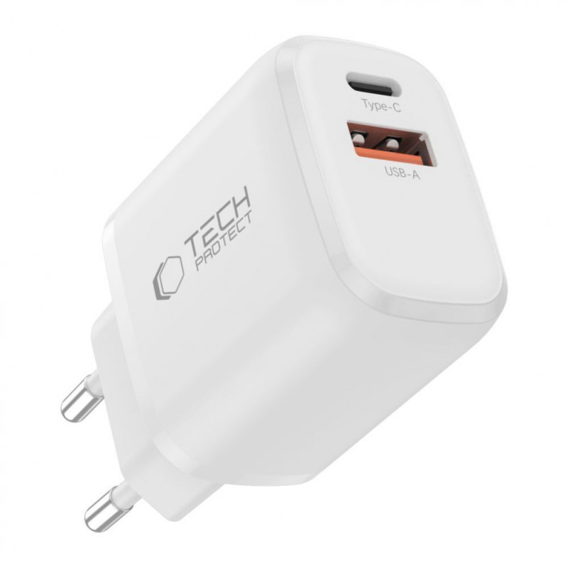 Tech-Protect NCA20 nástenná nabíjačka USB-A / USB-C PD 20W / QC3.0 s káblom USB-C / USB-C 100 cm, biela