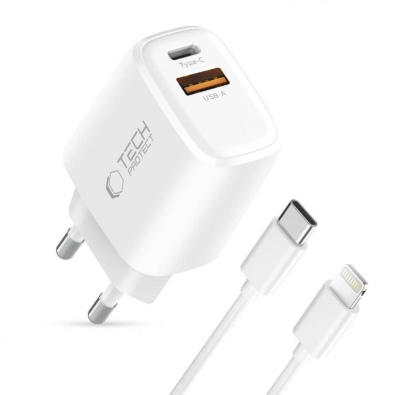 Tech-Protect NCA20 nástenná nabíjačka USB-A / USB-C PD 20W / QC3.0 s káblom USB-C / Lightning 100 cm, biela