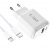 Tech-Protect NCA20 nástenná nabíjačka USB-A / USB-C PD 20W / QC3.0 s káblom USB-C / Lightning 100 cm, biela