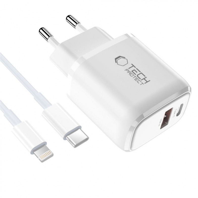 Tech-Protect NCA20 nástenná nabíjačka USB-A / USB-C PD 20W / QC3.0 s káblom USB-C / Lightning 100 cm, biela