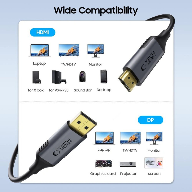 Kábel Tech-Protect UltraBoost DisplayPort / HDMI 2.0, 4K 60 Hz, 200 cm, čierny
