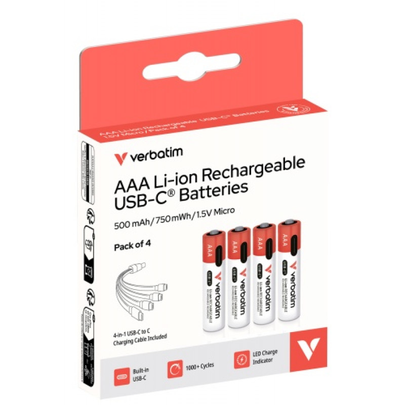 Verbatim 30250 USB-C nabíjacie batérie Li-ion AAA 500 mAh (4 ks)