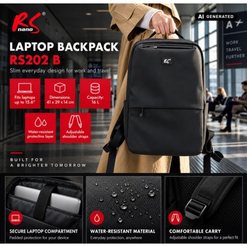 Batoh na notebook NanoRS RS202 B 15,6", čierny, 41x29x4, vodoodporný