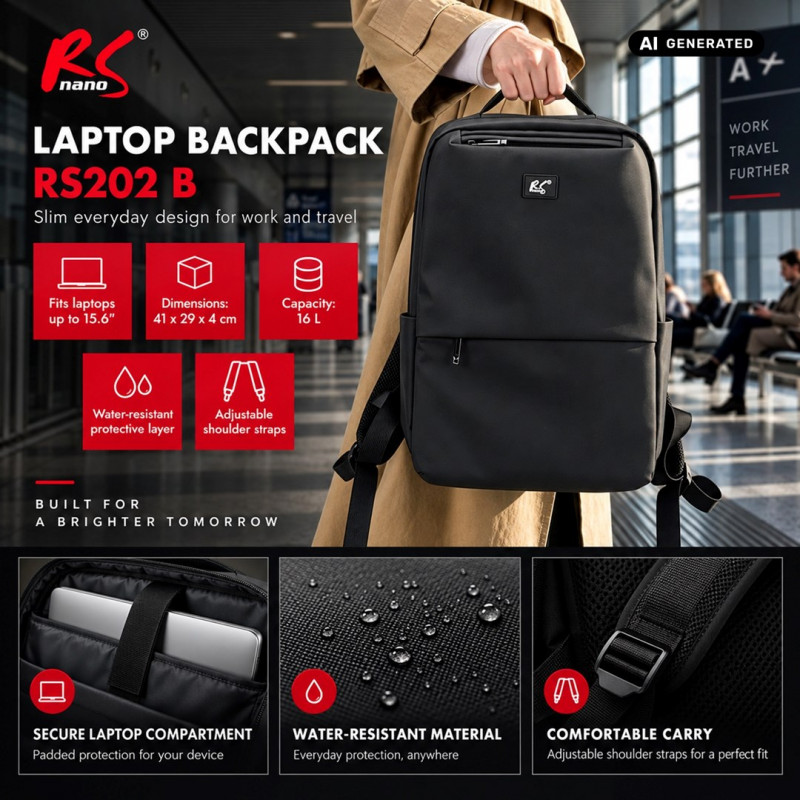 Batoh na notebook NanoRS RS202 B 15,6", čierny, 41x29x4, vodoodporný