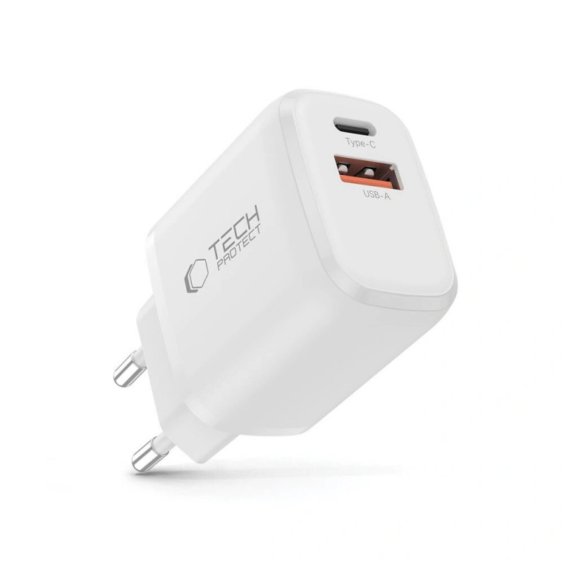 Tech-Protect NCA20 USB-A, USB-C nástenná nabíjačka PD 20W / QC3.0, biela