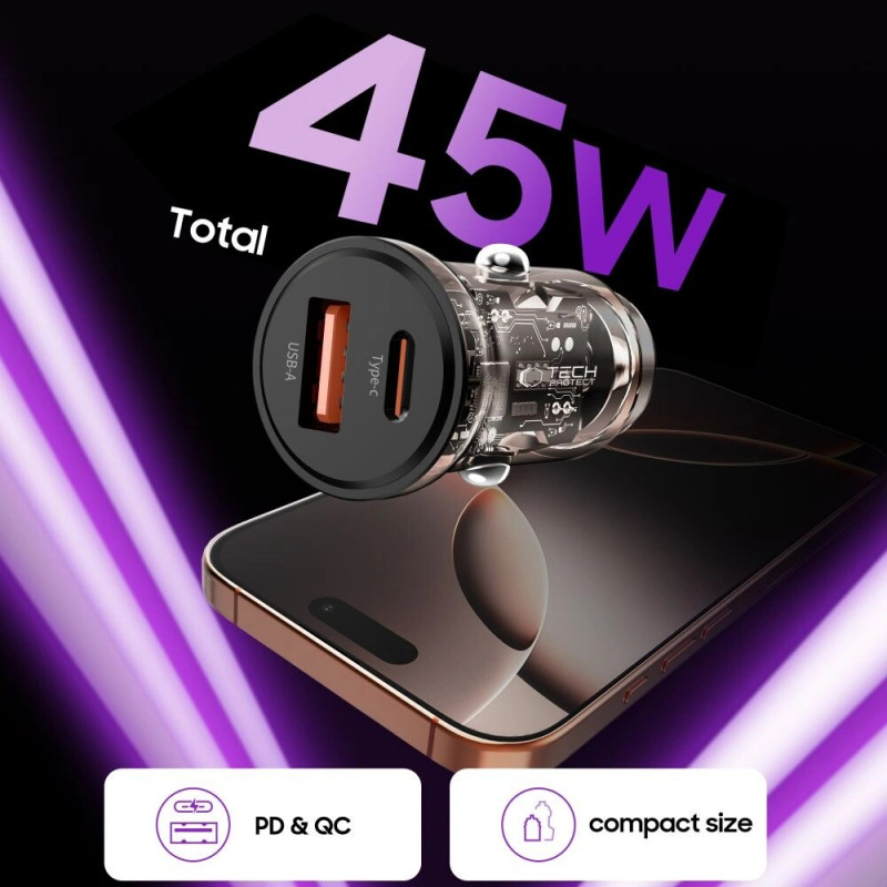 Tech-Protect CC01 2-portová autonabíjačka USB-A / USB-C, PD 45W / QC 3.0, čierna