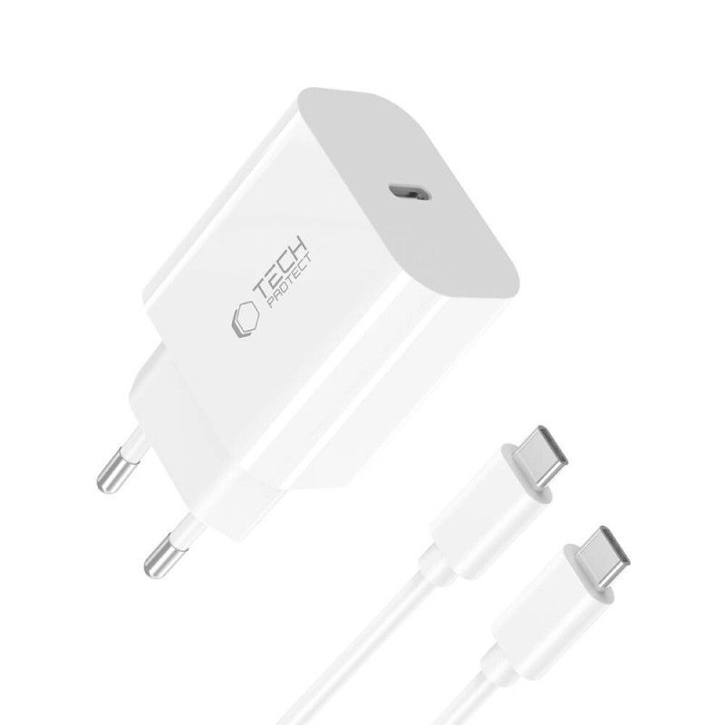 Tech-Protect NC20W 1-portová USB-C nástenná nabíjačka PD20W s káblom USB-C / USB-C, biela