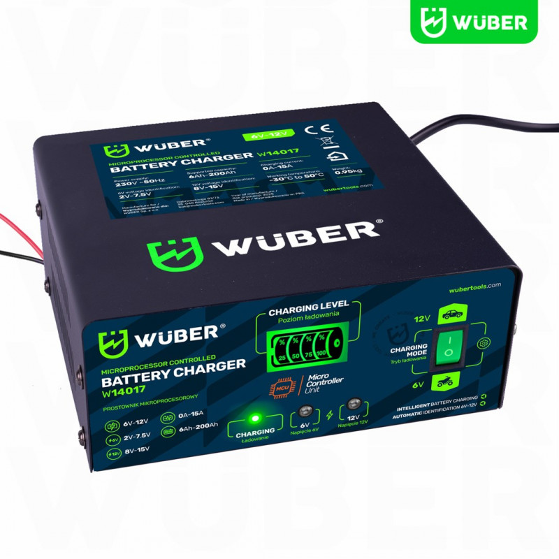 Mikroprocesorová nabíjačka batérií Wuber W14017, 6-12 V, 15 A
