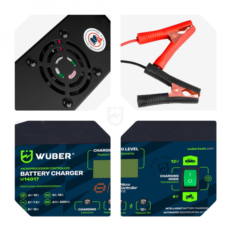 Mikroprocesorová nabíjačka batérií Wuber W14017, 6-12 V, 15 A