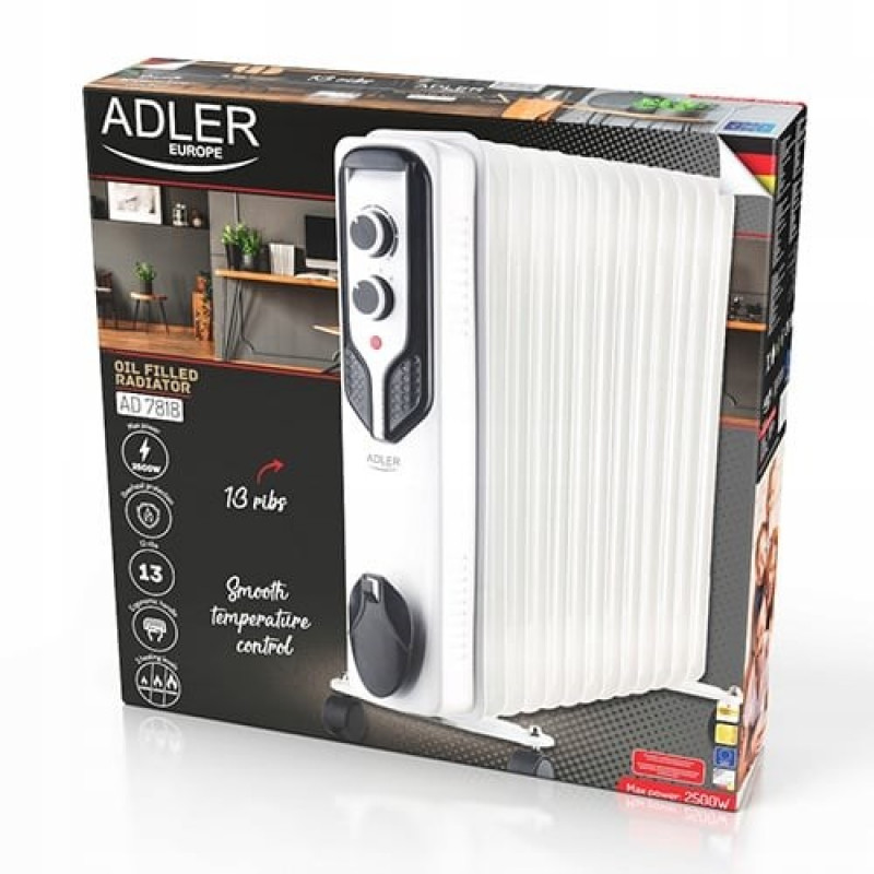 Olejový radiátor Adler AD 7818, 2500 W, 3 úrovne výkonu, 13 rebier, biely