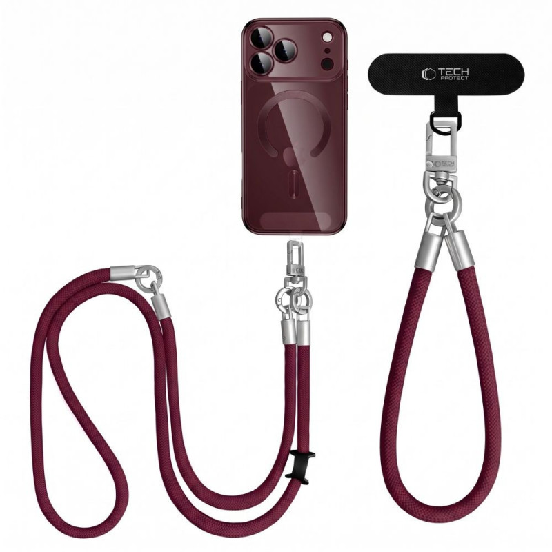 Tech-Protect C10S Rope Crossbody & Wrist Phone Lanyard Set, Burgundy/Titanium