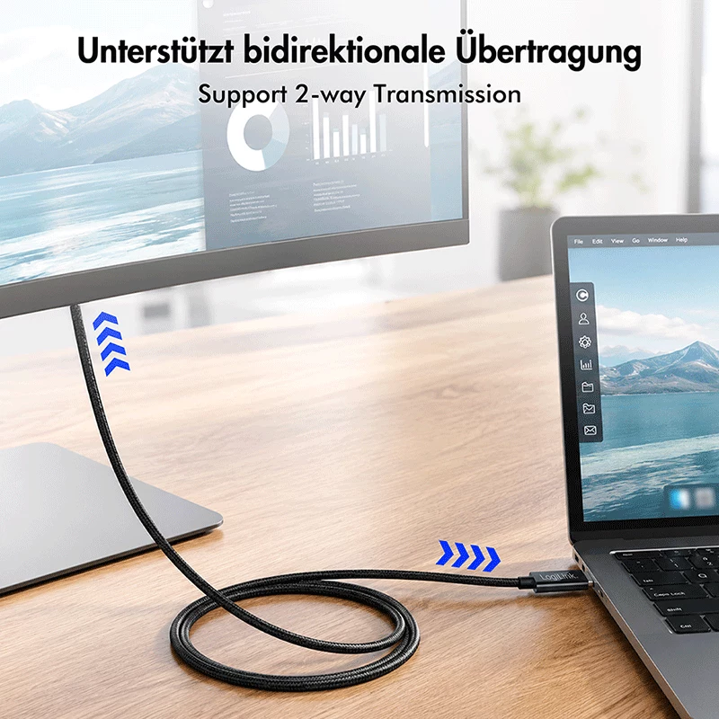 Kábel LogiLink CUA0120 USB 3.2 Gen2 Type-C, C/M na DP/M, obojsmerný, 8K/60 Hz, kovový, čierny, 1,8 m