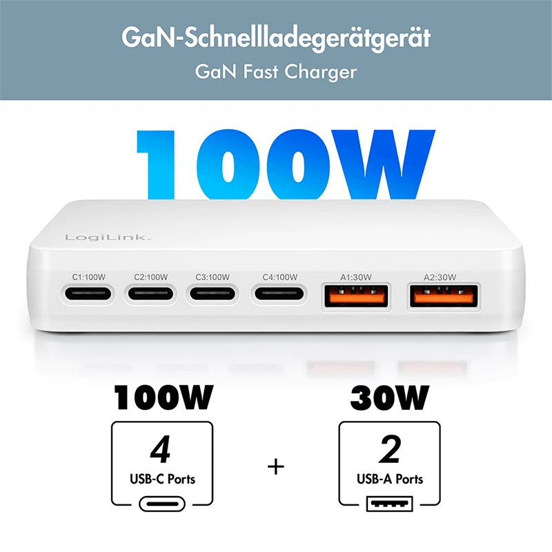 LogiLink PA0418 stolná nabíjačka USB-A/C, 100 W, GaN, 6 portov, 2x USB-A (QC), 4x USB-C (PD), biela