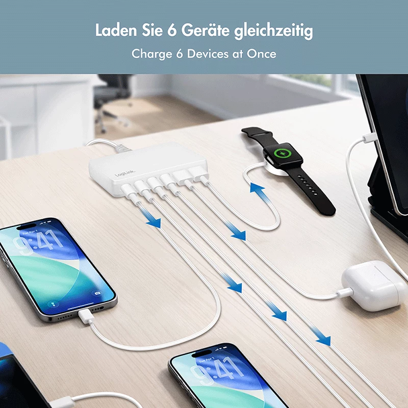 LogiLink PA0418 stolná nabíjačka USB-A/C, 100 W, GaN, 6 portov, 2x USB-A (QC), 4x USB-C (PD), biela